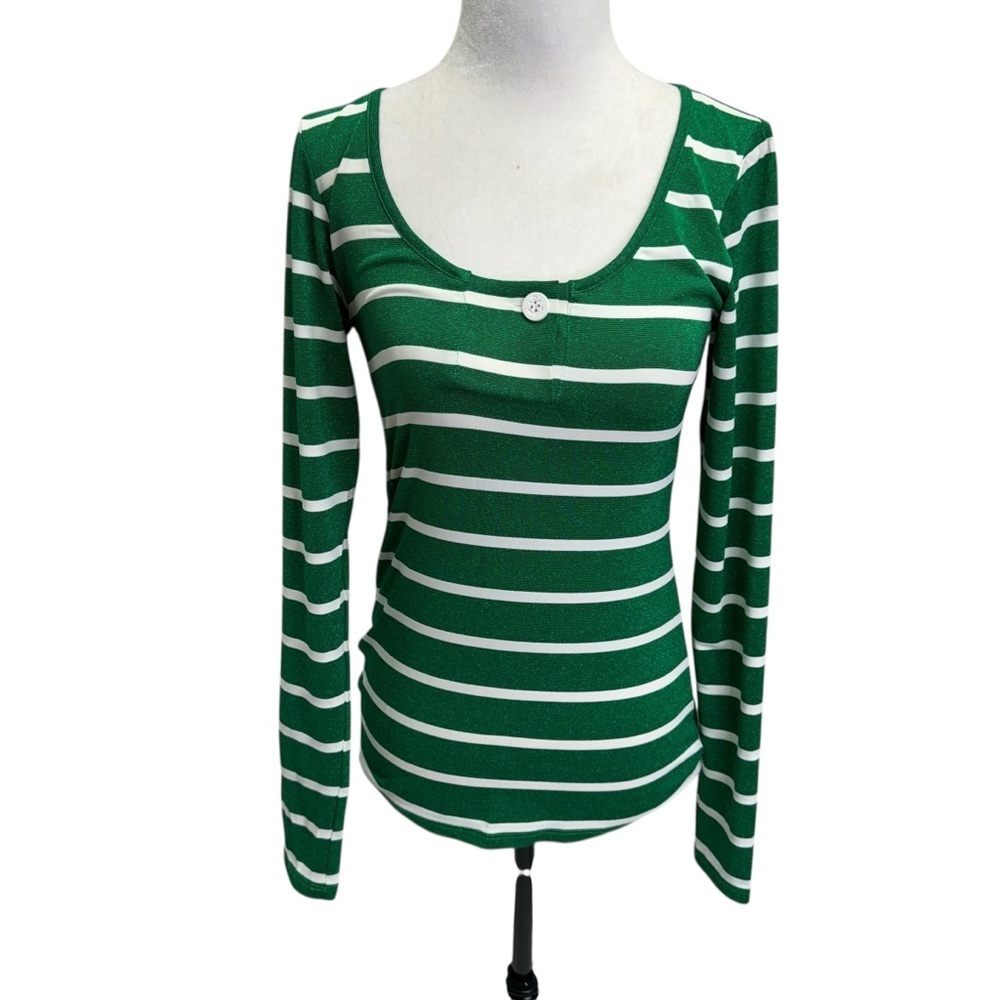 Smythe Round Neck Long Sleeve Green Stripe Top Sweater Size M